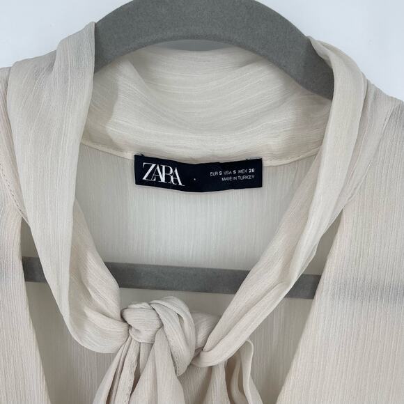 Zara Light Tan Blouse Tie Neck Size Small - Picture 6 of 7